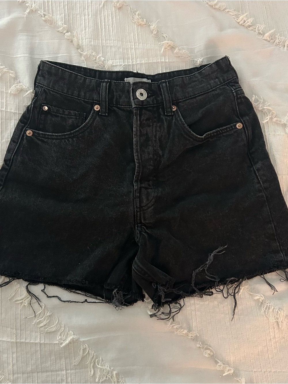 H&M Black Distressed High-Rise Denim Shorts